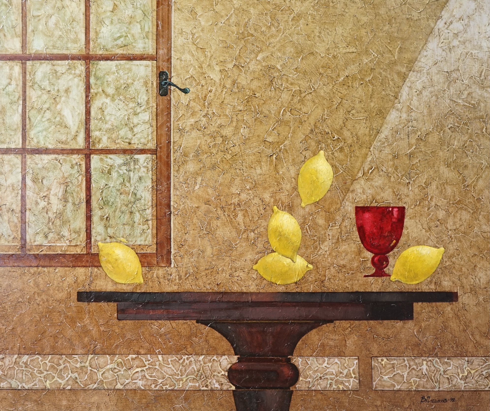 Russian School , Still life of floating lemons and butterfly with harlequin comb, oils on board (2), 48 x 59cm and 48 x 58cm